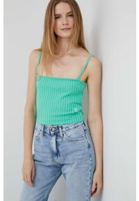 Calvin Klein Jeans top damski kolor turkusowy. Kolor: zielony. Materiał: materiał, dzianina, prążkowany, wiskoza. Długość rękawa: na ramiączkach #2