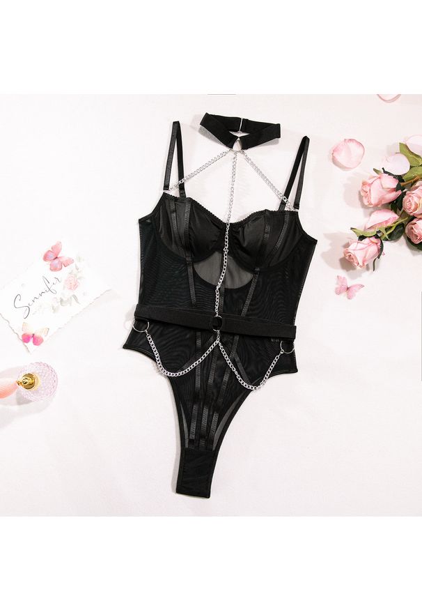 Intica - Body z łańcuszkiem eleganckie na wyjątkowe okazje Folline. Kolor: czarny. Materiał: materiał