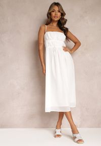 Renee - Biała Sukienka o Rozkloszowanym Kroju na Ramiączkach z Wiązaniem Lunarea. Kolor: biały. Długość rękawa: na ramiączkach. Typ sukienki: rozkloszowane #1