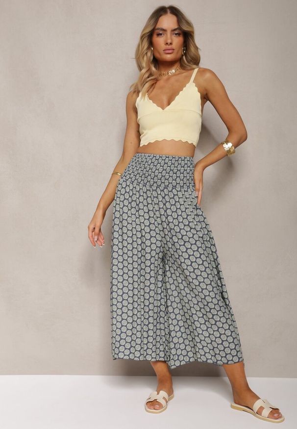 Renee - Granatowo-Zielone Szerokie Spodnie Bawełniane z Wysokim Stanem i Długością 7/8 Jorste. Stan: podwyższony. Kolor: niebieski. Materiał: bawełna