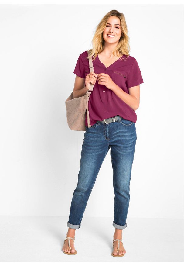 bonprix - Bluzka z wiskozy, krótki rękaw. Typ kołnierza: dekolt w serek. Kolor: fioletowy. Materiał: wiskoza. Długość rękawa: krótki rękaw. Długość: krótkie