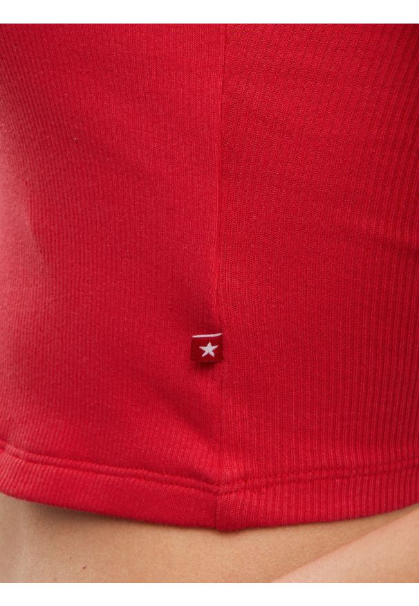Big-Star - Top damski w prążek czerwony Serecona 603. Kolor: czerwony. Materiał: dzianina, skóra, jeans. Długość rękawa: na ramiączkach. Wzór: prążki