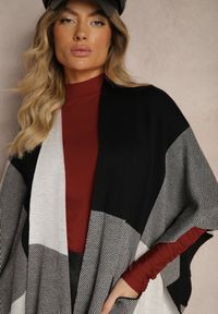 Renee - Czarno-Szare Ponczo Narzutka Niezapinana z Domieszką Wełny Verideth. Okazja: na co dzień. Kolor: czarny. Materiał: wełna. Długość: długie. Wzór: geometria. Styl: casual