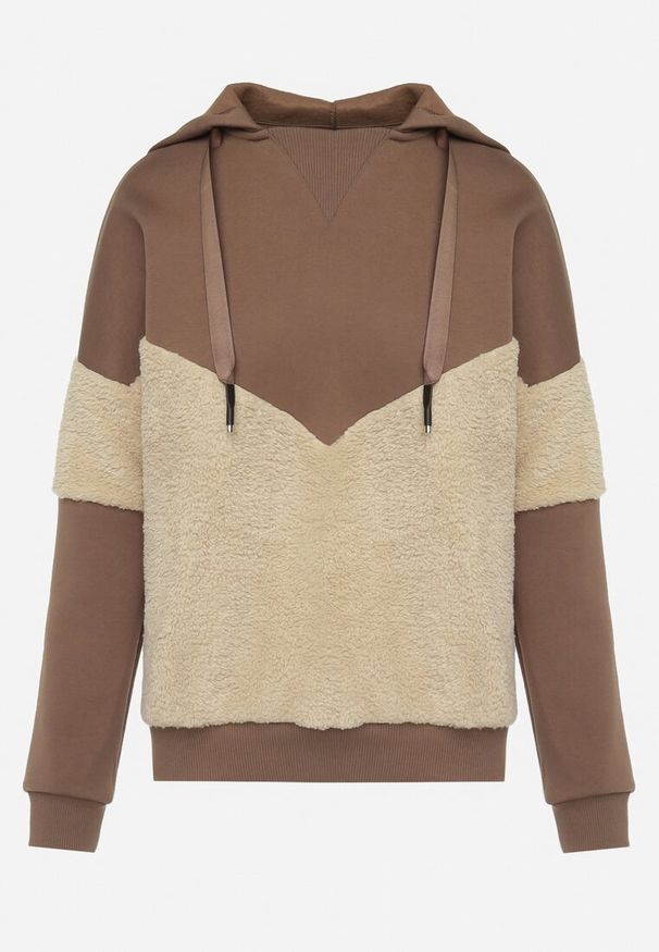 Born2be - Brązowa Dwukolorowa Bluza z Bawełny z Polarowymi Wstawkami i Kapturem Dikea. Kolor: brązowy. Materiał: bawełna, polar. Sezon: zima. Styl: elegancki