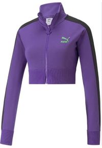 Kurtka damska Puma X DUA LIPA T7. Kolor: fioletowy, wielokolorowy, czarny. Materiał: dresówka. Długość: krótkie. Sport: turystyka piesza