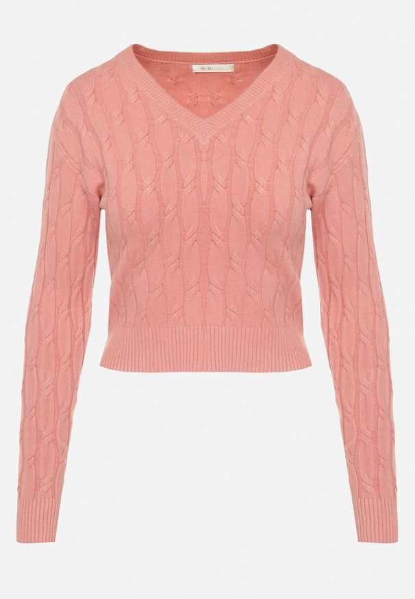 Born2be - Różowy Sweter w Warkoczykowy Splot z Trójkątnym Dekoltem Goldria. Typ kołnierza: dekolt w serek. Kolor: różowy. Długość rękawa: długi rękaw. Długość: krótkie. Wzór: ze splotem