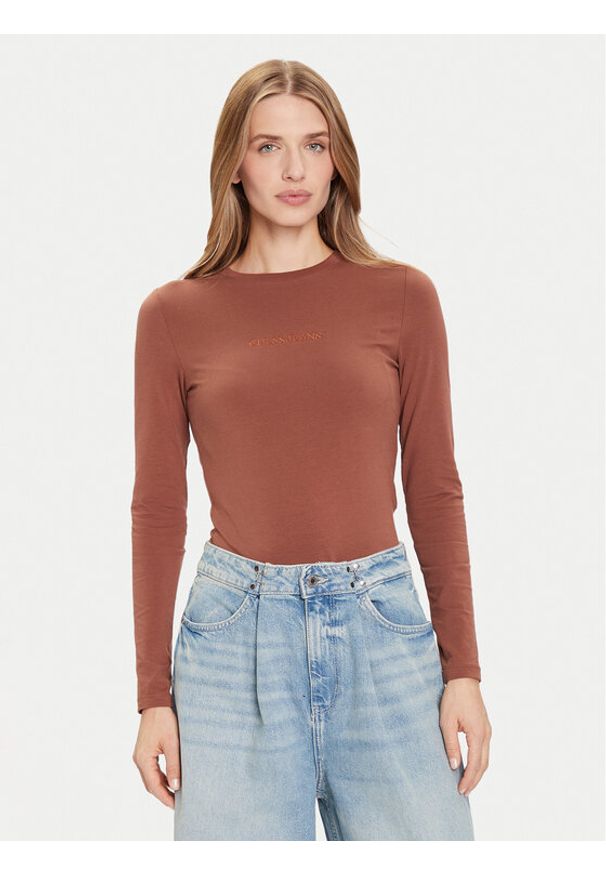 Guess Jeans Bluzka W4YI22 J1314 Brązowy Slim Fit. Kolor: brązowy. Materiał: bawełna