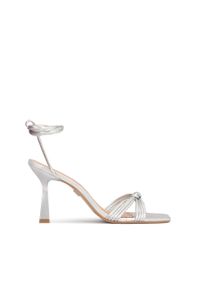 Kazar - Srebrne sandały damskie z wiązanym rzemieniem. Zapięcie: pasek. Kolor: srebrny. Materiał: skóra. Obcas: na obcasie. Styl: klasyczny. Wysokość obcasa: średni #1