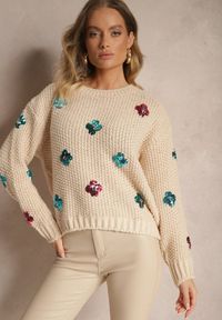 Renee - Beżowy Sweter z Wiskozą Zdobiony Cekinowymi Aplikacjami z Kwiatami Edalora. Okazja: na co dzień. Kolor: beżowy. Materiał: wiskoza. Długość rękawa: długi rękaw. Długość: długie. Wzór: aplikacja, kwiaty. Styl: klasyczny, casual, elegancki