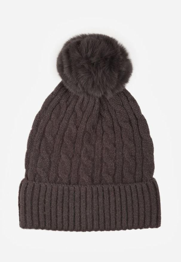 Renee - Szara Czapka z Pomponem Zdobiona Warkoczowym Splotem Vetizare. Kolor: szary. Wzór: aplikacja, ze splotem. Styl: casual, elegancki