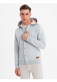 Ombre Clothing - Męska dresowa bluza z kapturem zapinana na guziki – szary melanż V2 - Rozmiar: S. Typ kołnierza: kaptur. Kolor: szary. Materiał: dresówka. Wzór: melanż. Styl: elegancki #4
