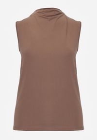Renee - Brązowa Bluzka Top Bez Rękawów ze Stójką Nedire. Typ kołnierza: kołnierzyk stójkowy. Kolor: brązowy. Materiał: poliester, elastan, materiał, jeans. Długość rękawa: bez rękawów. Styl: elegancki #4