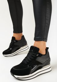Born2be - Czarne Sneakersy na Ukrytej Koturnie i Platformie Nencca. Kolor: czarny. Materiał: jeans. Obcas: na koturnie #4