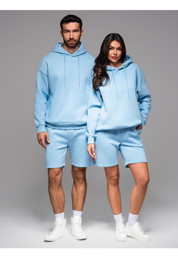 Ombre Clothing - Komplet dresowy dla par UNISEX bluza z kapturem + szorty w stylu athleisure – błękitne V8 Z110 - XL/XXL. Kolor: niebieski. Materiał: dresówka. Długość: krótkie. Wzór: aplikacja. Styl: sportowy, elegancki