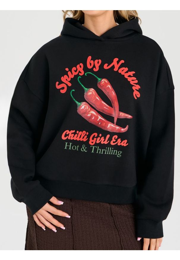 Sinsay - Dresowa bluza hoodie z kontrastowym nadrukiem - czarny. Kolor: czarny. Materiał: dresówka. Wzór: nadruk