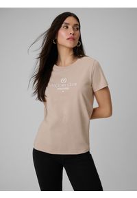 4f - 4F T-shirt regular z nadrukiem damski - beżowy XS. Okazja: na co dzień. Kolor: beżowy. Materiał: dzianina, bawełna, materiał. Wzór: nadruk. Styl: casual, klasyczny #1