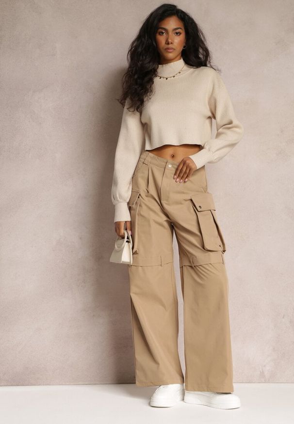 Renee - Beżowe Szerokie Spodnie High Waist w Stylu Cargo Vomisal. Stan: podwyższony. Kolor: beżowy. Materiał: tkanina. Sezon: zima
