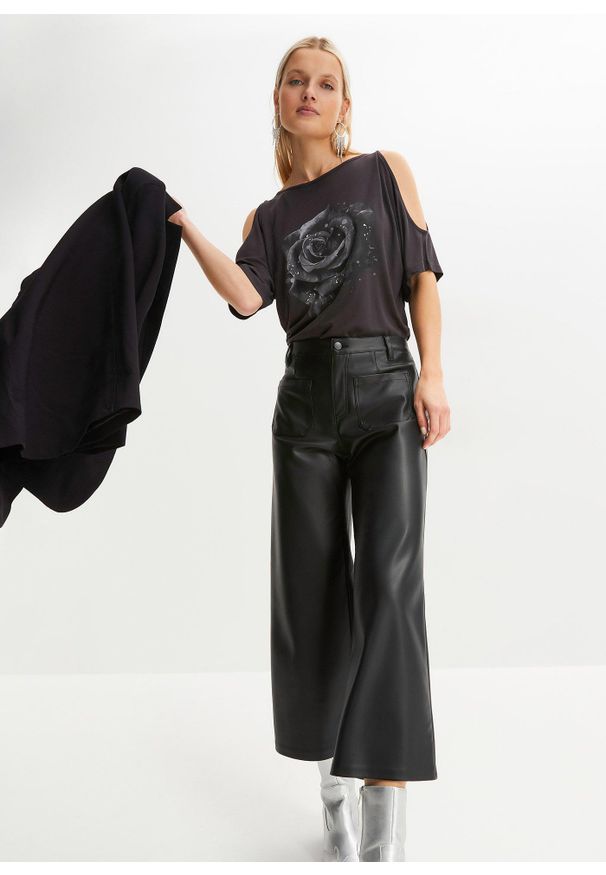 bonprix - Shirt cold-shoulder. Kolor: czarny. Wzór: kwiaty, nadruk. Styl: elegancki