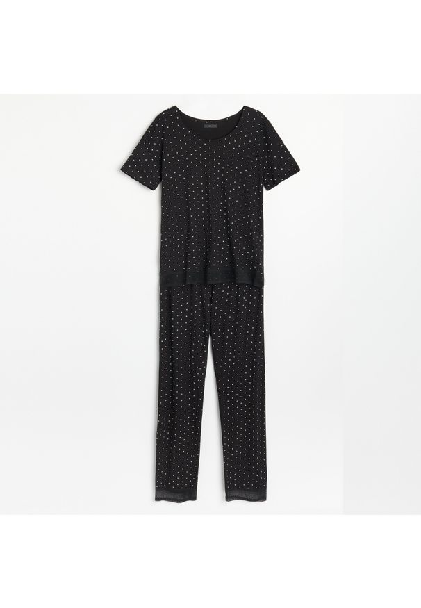 Reserved - Piżama ze spodniami w kropki - Czarny. Kolor: czarny. Wzór: kropki