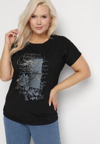 Born2be - Czarny Bawełniany T-shirt z Metalicznym Nadrukiem Farilna. Okazja: na co dzień. Kolor: czarny. Materiał: bawełna. Wzór: nadruk. Styl: casual #7