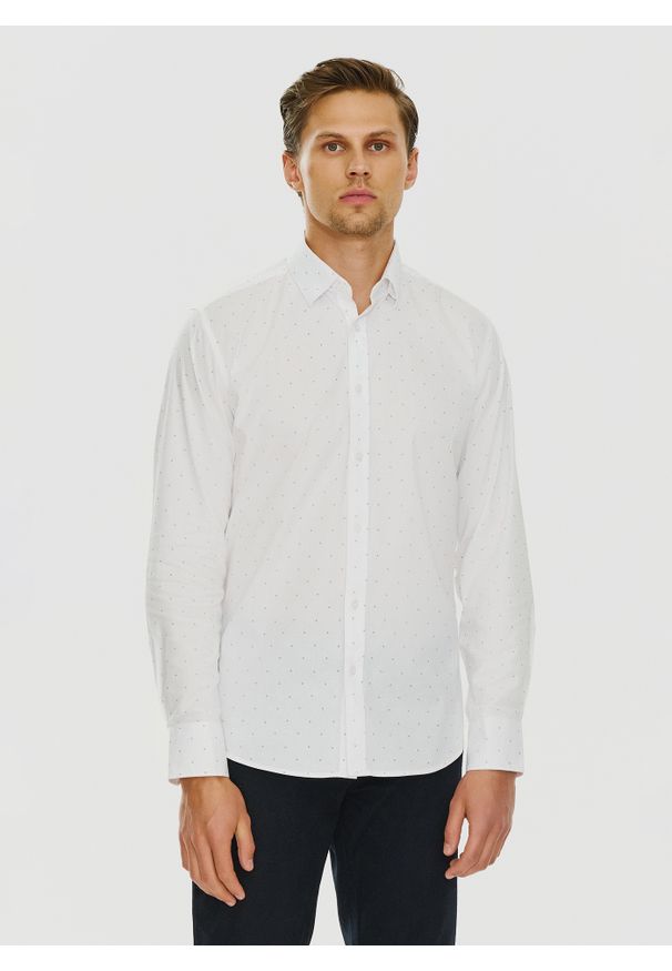 PAKO LORENTE – Biała męska koszula w mikrowzór P24SF-1X-019-B-S - Pako Lorente. Okazja: na co dzień. Kolor: biały. Materiał: elastan, jeans. Styl: casual