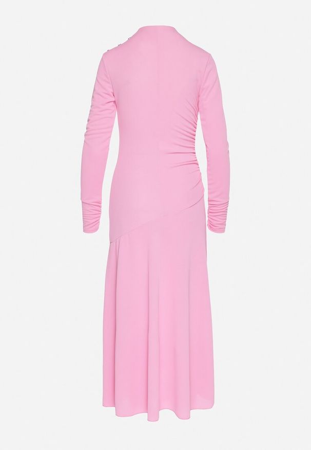 Born2be - Różowa Koktajlowa Sukienka o Asymetrycznym Kroju Ozdobiona Guzikami Nolriti. Okazja: na imprezę. Kolor: różowy. Wzór: aplikacja. Typ sukienki: asymetryczne. Styl: wizytowy