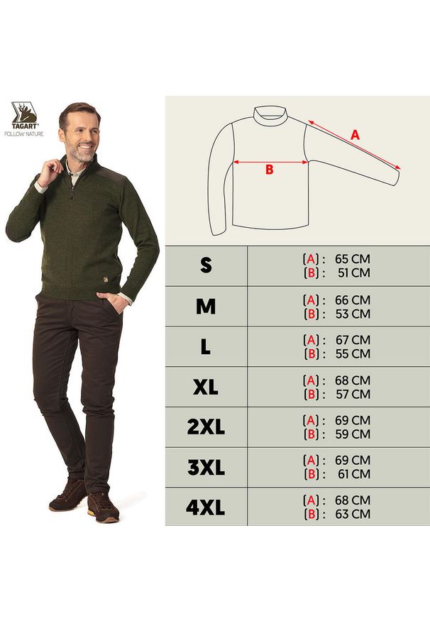 TAGART - Sweter myśliwski męski Thorn 2 ze stójką z wełny. Typ kołnierza: kołnierzyk stójkowy. Kolor: zielony. Materiał: wełna. Sport: outdoor