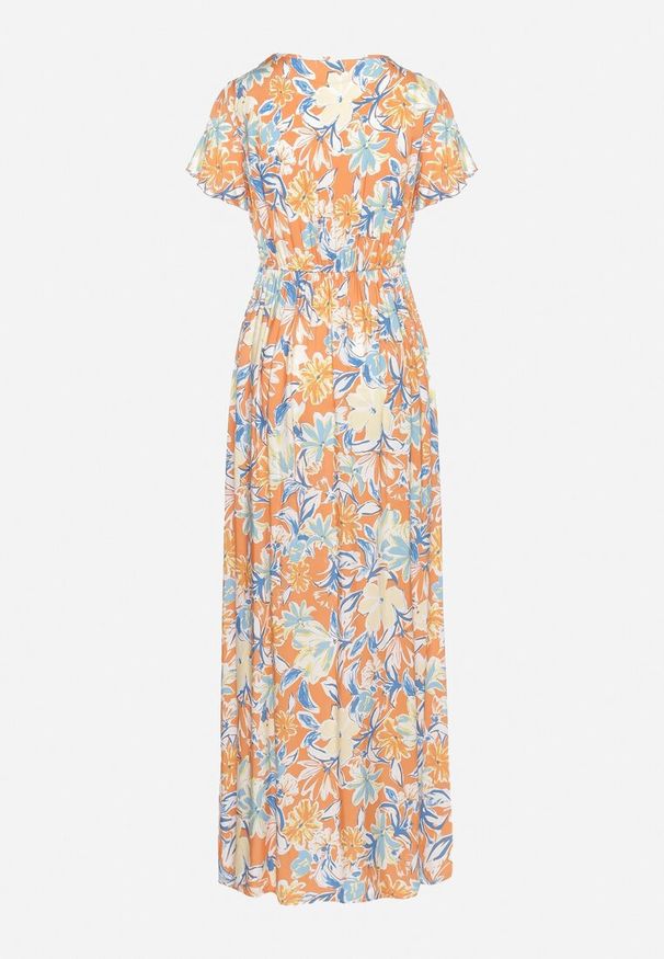 Born2be - Beżowo-Niebieska Sukienka z Wiskozy z Gumką w Pasie z Kopertowym Dekoltem i Falbanką Wondria. Kolor: beżowy. Materiał: wiskoza. Typ sukienki: kopertowe