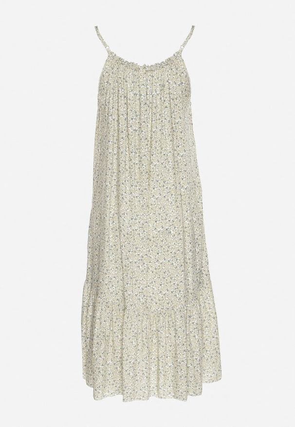 Born2be - Beżowa Rozkloszowana Sukienka z Bawełny w Kwiatowy Wzór Nilaretia. Okazja: na co dzień. Kolor: beżowy. Materiał: bawełna. Długość rękawa: na ramiączkach. Wzór: kwiaty. Sezon: lato. Typ sukienki: rozkloszowane. Styl: casual