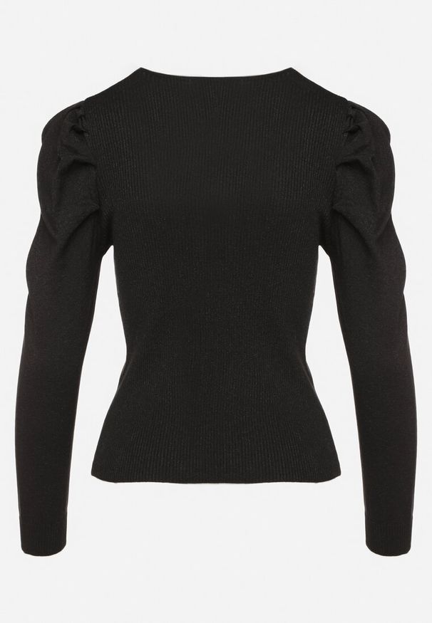 Born2be - Czarny Sweter z Wiskozą Metaliczną Nicią i Bufiastymi Rękawami Sanellia. Okazja: na spotkanie biznesowe. Kolor: czarny. Materiał: wiskoza. Styl: biznesowy, elegancki