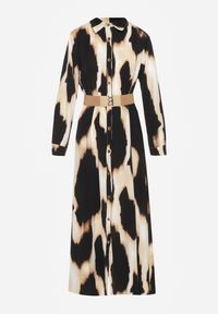 Renee - Beżowo-Czarna Koszulowa Sukienka w Panterkę Ozdobiona Paskiem Valentola. Okazja: na co dzień. Kolor: beżowy. Materiał: tkanina. Wzór: motyw zwierzęcy, aplikacja. Typ sukienki: koszulowe. Styl: casual, elegancki, klasyczny #6