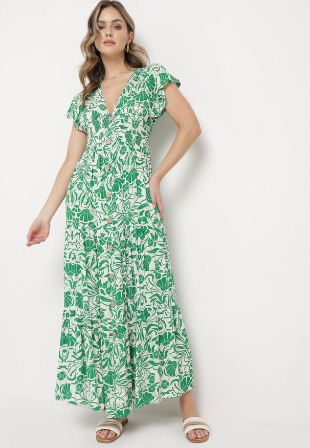 Born2be - Zielona Rozkloszowana Sukienka Maxi z Luźnym Rękawem w Kwiatowy Print Oxeria. Kolor: zielony. Wzór: kwiaty, nadruk. Sezon: lato. Typ sukienki: rozkloszowane. Długość: maxi