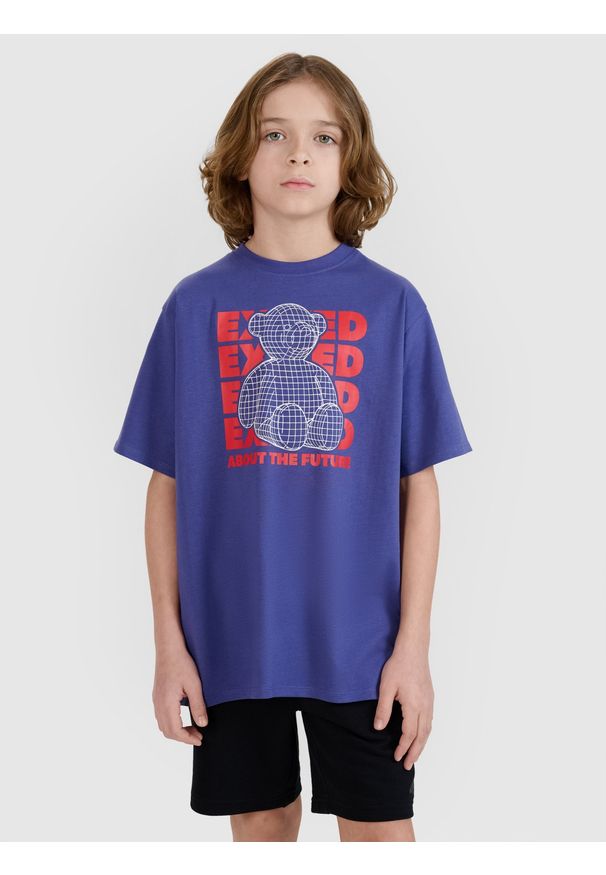 4f - 4F T-shirt oversize z nadrukiem chłopięcy - fioletowy 158 (12-13 lat). Okazja: na co dzień. Kolor: fioletowy. Materiał: dzianina, bawełna, jersey. Długość rękawa: krótki rękaw. Długość: krótkie. Wzór: nadruk. Sezon: lato. Styl: klasyczny, sportowy, casual