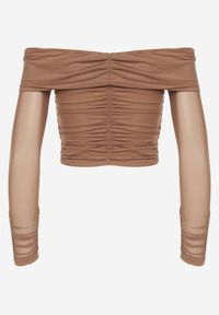 Renee - Ciemnobeżowa Drapowana Bluzka VICES z Odkrytymi Ramionami i Siateczkowymi Rękawami Atevite. Okazja: na co dzień. Kolor: beżowy. Materiał: jeans. Styl: casual #6