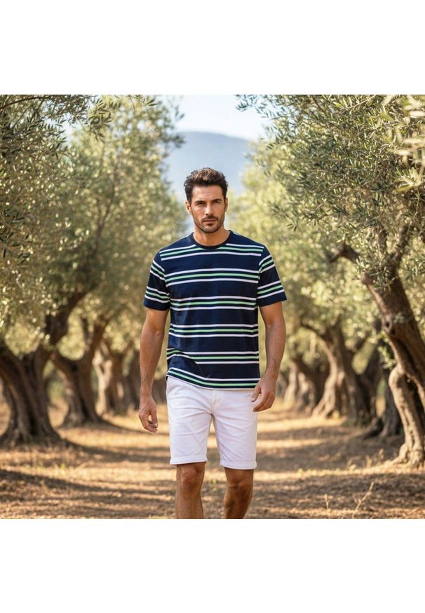 Bawełniana Koszulka Polo w Paski - Pako Jeans - Granatowa. Okazja: na co dzień. Typ kołnierza: polo. Kolor: niebieski. Materiał: bawełna. Wzór: prążki, paski. Styl: casual