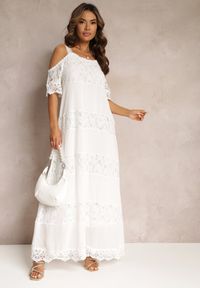 Renee - Biała Maxi Sukienka Na Ramiączkach z Wycięciami o Trapezowym Fasonie Mahkai. Kolor: biały. Materiał: bawełna, koronka, nylon. Długość rękawa: na ramiączkach. Wzór: aplikacja. Typ sukienki: trapezowe. Styl: boho. Długość: maxi #4