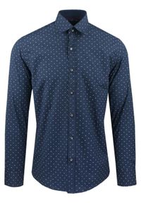 Męska Koszula, Taliowana (Slim Fit) - Rigon - Granatowa, Drobny Wzór. Okazja: do pracy, na spotkanie biznesowe. Kolor: niebieski. Materiał: bawełna, poliester, elastan. Długość rękawa: długi rękaw. Długość: długie. Styl: wizytowy, elegancki, biznesowy #1