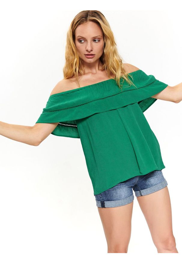 TOP SECRET - Bluzka z falbaną. Kolor: zielony. Materiał: jeans, tkanina. Sezon: lato, zima, jesień. Styl: elegancki