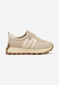 Renee - Beżowe Sneakersy ze Skóry Naturalnej Ozdobione Geometrycznym Wzorem Melassea. Okazja: na co dzień. Kolor: beżowy. Materiał: skóra. Wzór: aplikacja, geometria #3