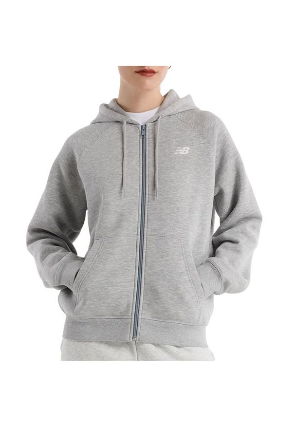 Bluza New Balance WJ43525AG - szara. Typ kołnierza: kaptur. Kolor: szary. Materiał: bawełna, poliester, materiał, prążkowany. Wzór: ze splotem. Styl: sportowy, elegancki
