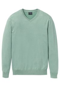Sweter z dekoltem w serek bonprix jasnozielony. Typ kołnierza: dekolt w serek. Kolor: zielony. Materiał: dzianina. Wzór: ze splotem, gładki. Styl: klasyczny #1