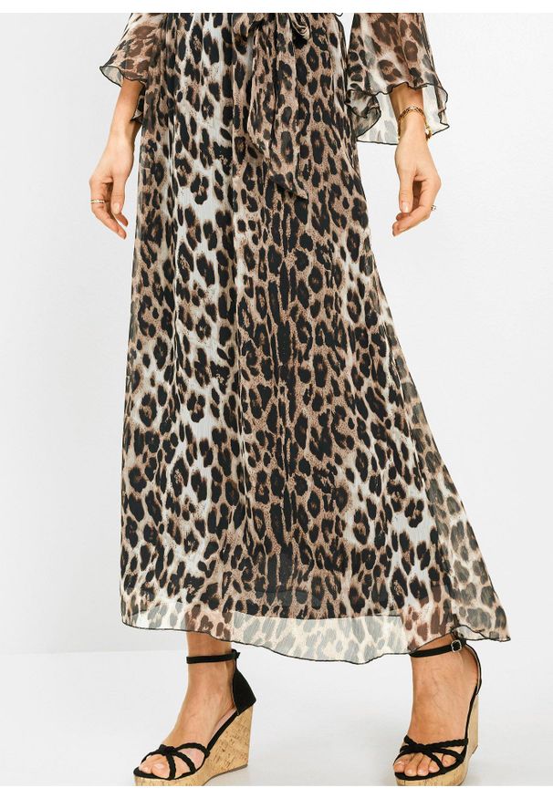bonprix - Sukienka maxi w panterkę. Kolor: beżowy. Materiał: szyfon. Wzór: motyw zwierzęcy. Styl: elegancki, klasyczny. Długość: maxi