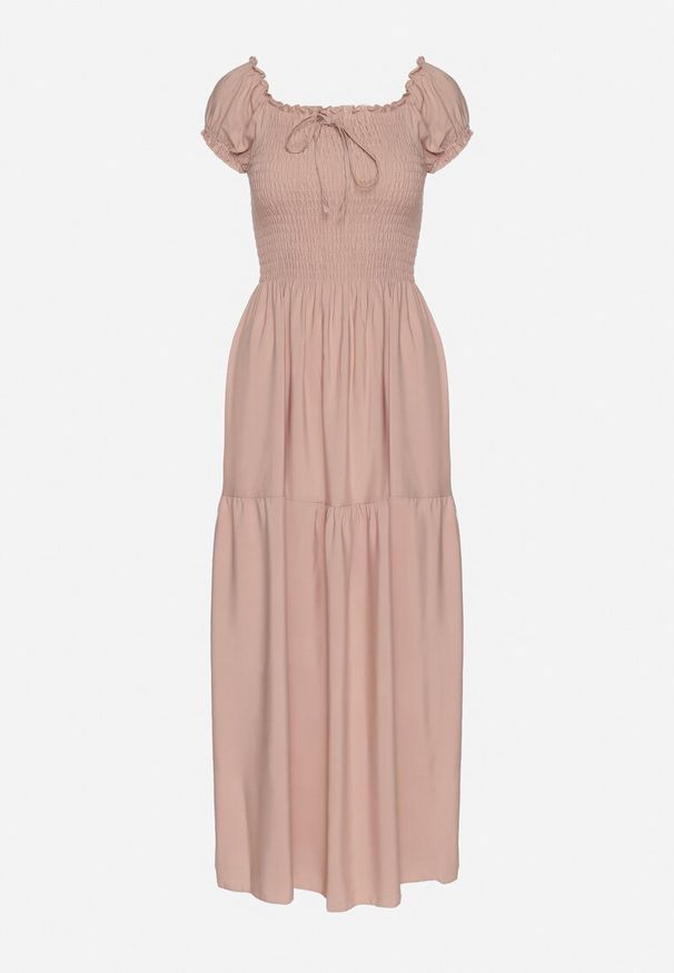 Born2be - Beżowa Wiskozowa Sukienka Hiszpanka z Marszczoną Górą Jenanira. Okazja: na co dzień. Typ kołnierza: dekolt hiszpanka. Kolor: beżowy. Materiał: wiskoza. Styl: casual, klasyczny