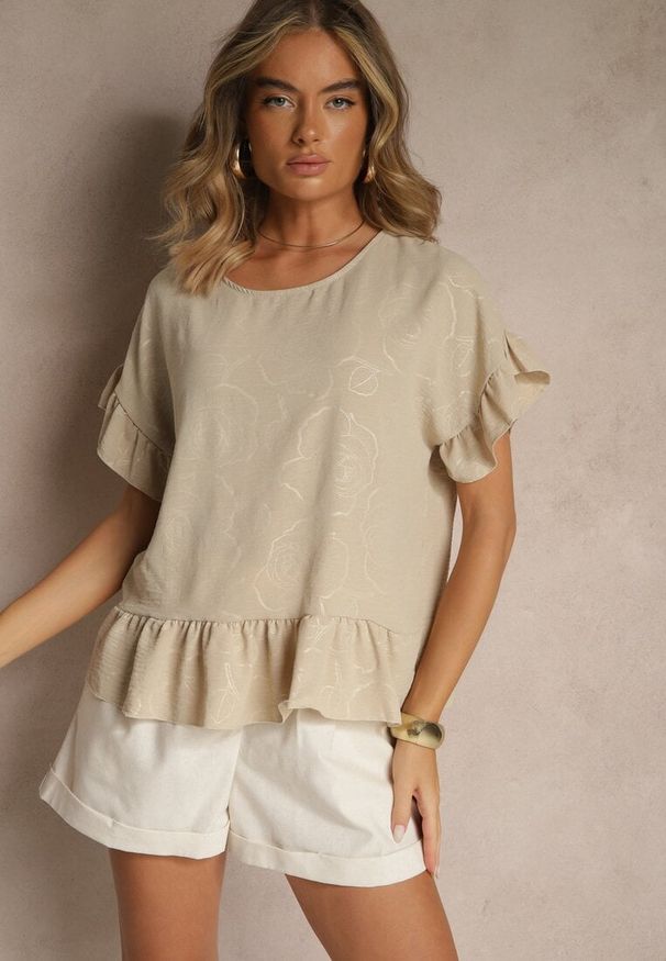 Renee - Beżowa Bluzka Oversize Ozdobiona Falbanami Liriele. Okazja: na co dzień. Kolor: beżowy. Materiał: jeans. Wzór: aplikacja. Styl: casual