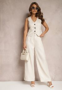 Renee - Beżowe Spodnie Szerokie Garniturowe High Waist Tamarixia. Stan: podwyższony. Kolor: beżowy. Materiał: tkanina. Sezon: lato