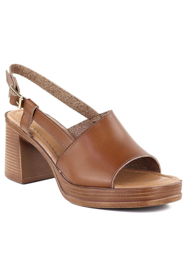 POTOCKI - Sandały damskie na słupku brązowe Potocki 54324. Kolor: brązowy. Materiał: skóra ekologiczna. Sezon: lato. Obcas: na słupku