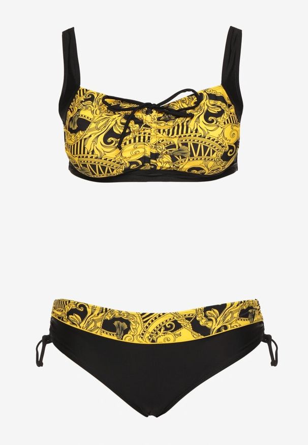 Born2be - Żółte Bikini ze Ściągaczami Biustonosz i Majtki Figi Miladenna. Kolekcja: plus size. Kolor: żółty. Materiał: len. Wzór: aplikacja