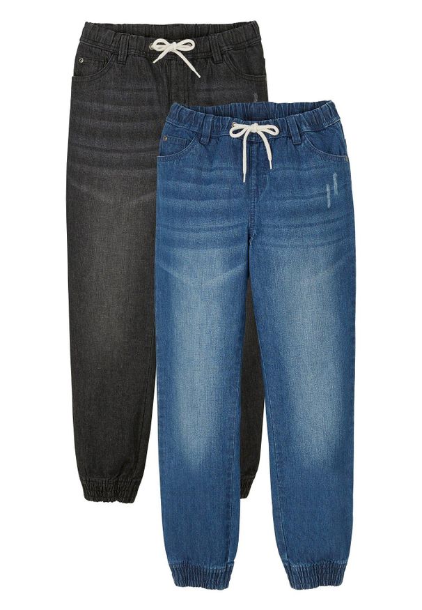 bonprix - Dżinsy z gumką w talii z czystej bawełny, regular fit (2 pary). Okazja: na uczelnię. Kolor: niebieski. Wzór: aplikacja