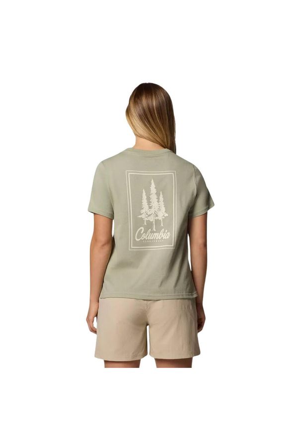 columbia - T-shirt sportowy z krótkim rękawem damski Rolling Bend Graphic SS Tee. Kolor: zielony. Materiał: bawełna, elastan. Długość rękawa: krótki rękaw. Długość: krótkie