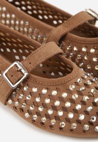 Renee - Brązowe Balerinki w Stylu Mary Jane z Cyrkoniami i Ażurową Cholewką Lyphenne. Kolor: brązowy. Materiał: satyna, jeans. Szerokość cholewki: normalna. Wzór: ażurowy. Styl: glamour, klasyczny #4